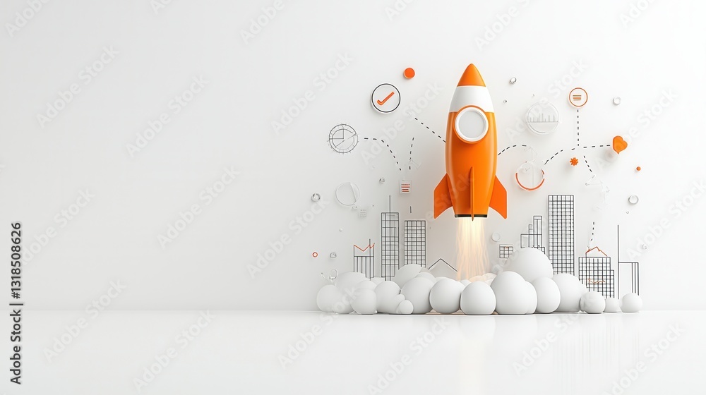 Poster dynamic 3d rocket launch symbolizing the success potential of a business startup or technology innov