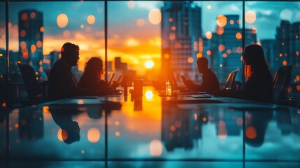 Silhouetted figures sit around a polished table as the vibrant hues of sunset paint the sky behind them. The warm glow contrasts with their focused expressions, blending productivity and beauty