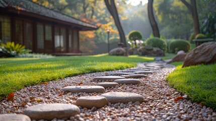 Minimalistic Garden Scene with Clean Gravel Path and Stepping Stones in a Serene Natural Setting