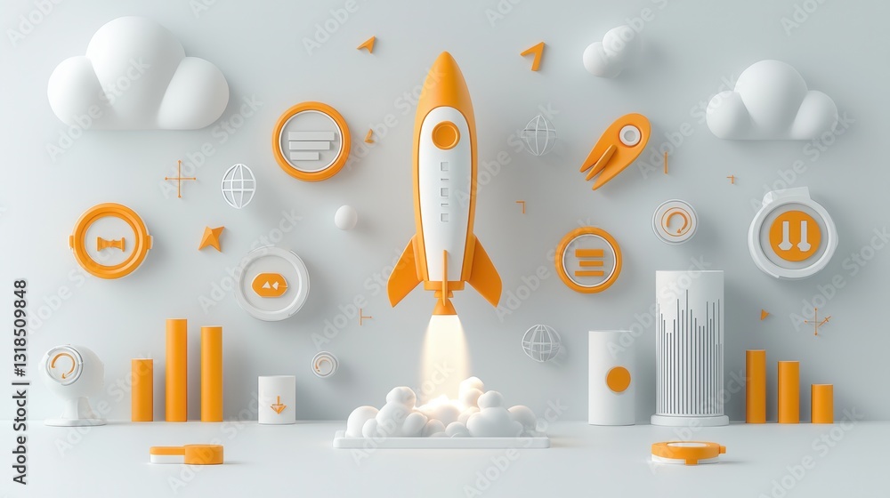 Poster clean and modern 3d depicting a startup s journey featuring a rocket launch symbolizing the growth i