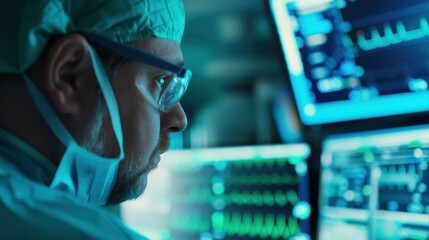 Focused male professional analyzing data on multiple screens, wearing glasses, modern workspace