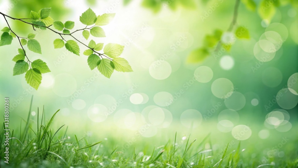 Aufkleber A Branch with Delicate Green Leaves Over Lush Grass and a Softly Blurred Background with Bokeh Effects