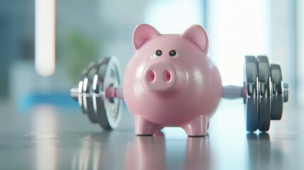 Piggy bank lifting dumbbells, symbolizing financial fitness, playful atmosphere
