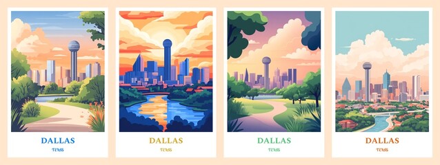 Set of 4 Dallas, Texas Flat illustration posters 2:3, travel print, wall digital art, citycapes, Home decor gift