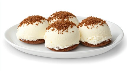 Three perfectly round scoops of vanilla ice cream on a plate garnished with crumbs for a delectable dessert treat