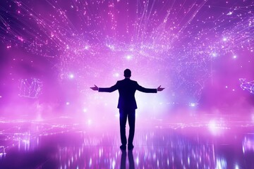 Obraz premium Man in Suit Embracing Vibrant Abstract Cosmic Universe Background