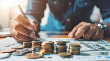 Focused individual calculating finances with coins and notes on desk, attentive expression, casual attire