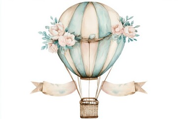Elegant hot air balloon decorated with soft flowers and ribbons in pastel colors, perfect for celebrations