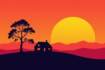 Fototapete Minimalist silhouette of a house against a bright sunset background , natural landscapes, silhouettes © แสงเดือน สุขทั่วญาติ