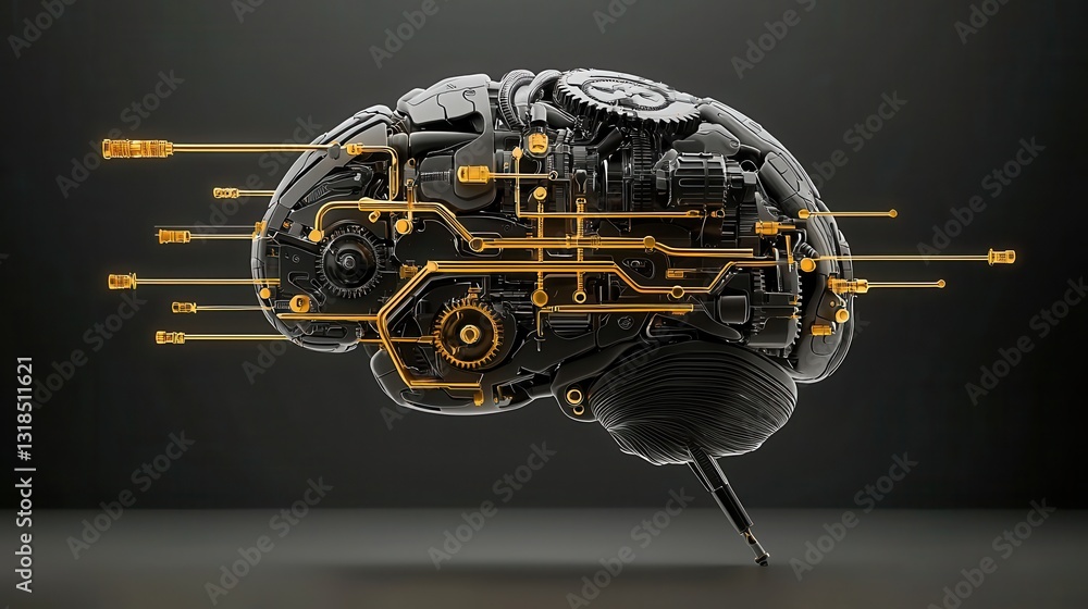 Poster detailed diagram of an intricate steampunk inspired mechanical brain design featuring various techni