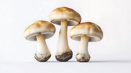 Fototapeta premium Gourmet mushrooms with velvety textures and realistic lighting, positioned naturally over a white background.