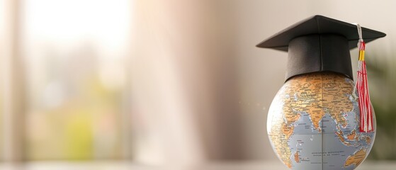 Graduate wearing cap, looking out window, hopeful and contemplative