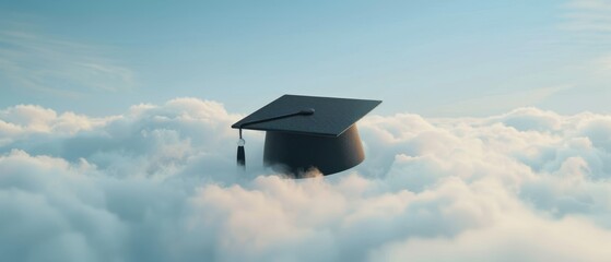 Floating futuristic structure above soft clouds, serene blue sky backdrop
