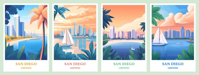 Set of 4 San Diego, California Flat illustration posters 2:3, travel print, wall digital art, citycapes, Home decor gift