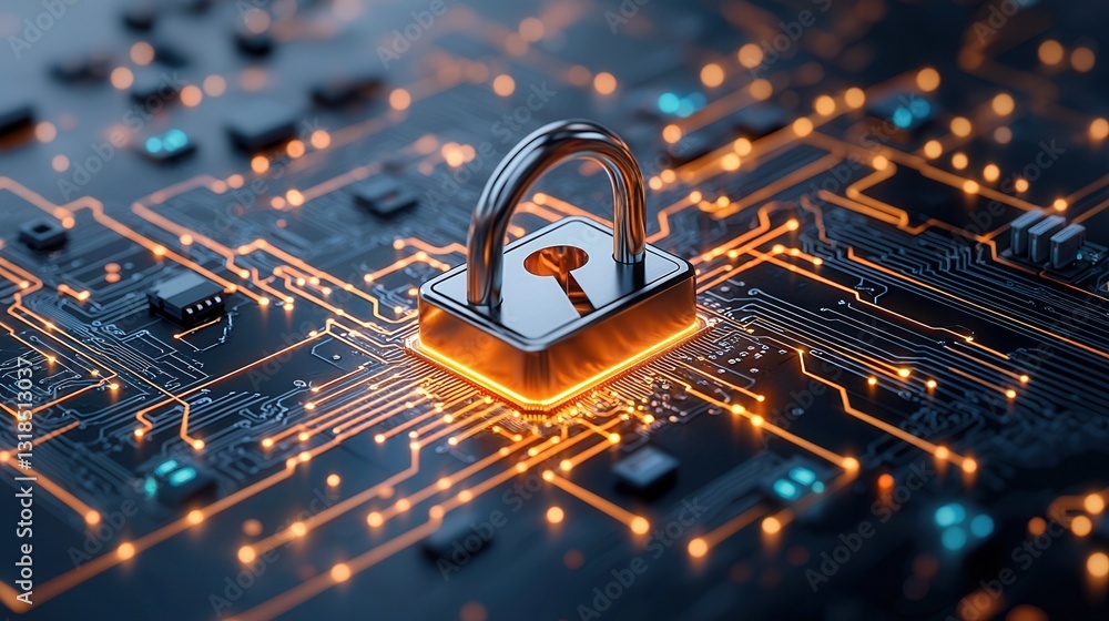 Poster cyber defense and encryption technology concept featuring a futuristic digital security lock and cir