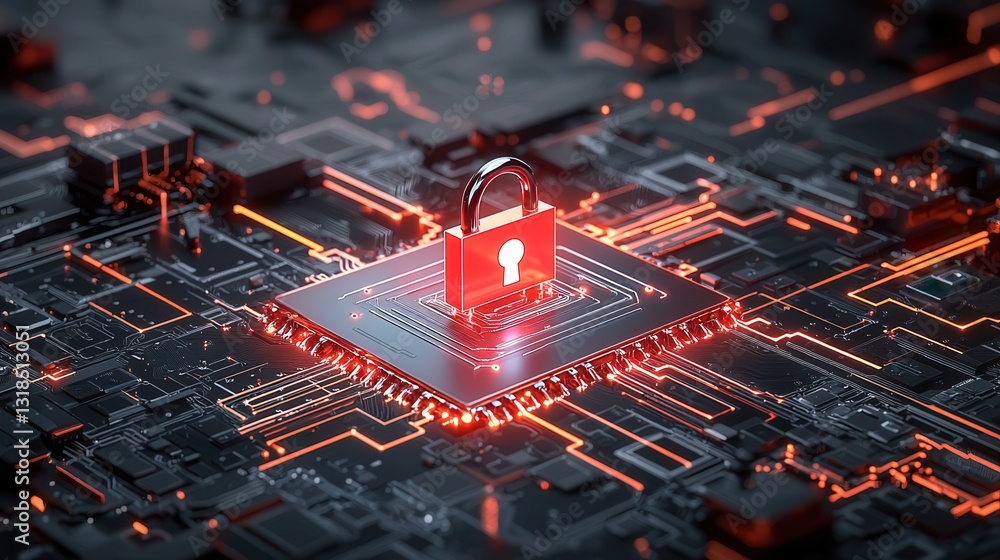 Poster cyber defense and network security concept with glowing digital lock and circuit board abstract futu