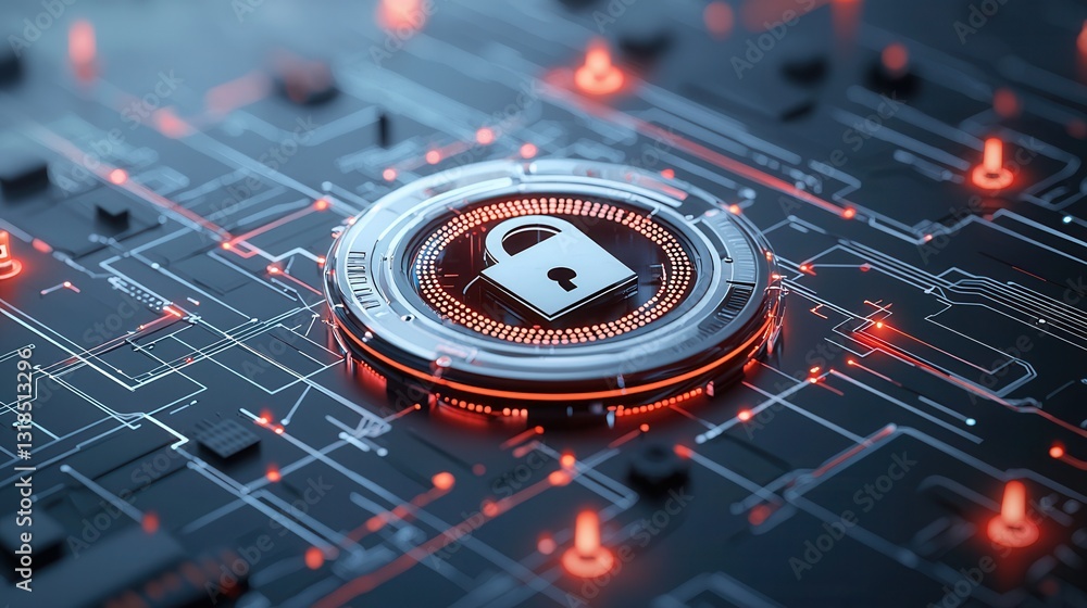 Poster futuristic cyber protection technology concept showcasing a digital lock icon surrounded by a backdr