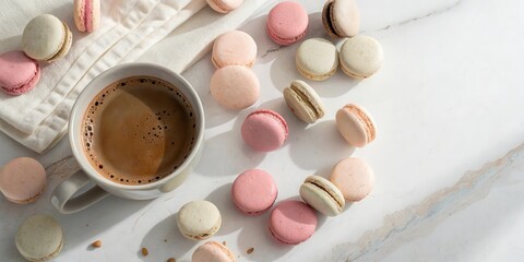 A cup of coffee with a delicate array of pastel macarons on a white marble surface.