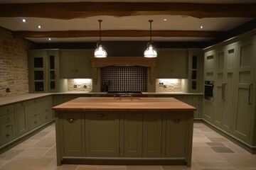 Modern Rustic Kitchen with Green Cabinets and Wooden Accents