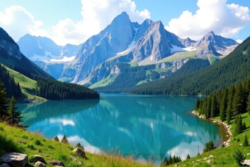Mountain landscape with a serene lake in the distance and surrounding peaks, landscape, mountain
