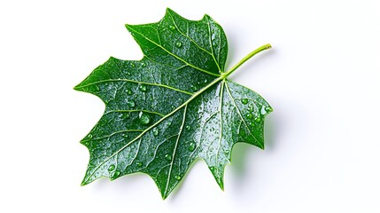 Ivy leaf with curling edges and scattered dewdrops, intricate textures and a fresh morning glow, centered on solid white background.