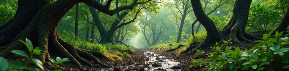 Fototapeta premium Muddy forest with twisted trees and overgrown vegetation, foggy, grunge, decay