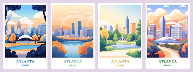 Set of 4 Atlanta, Georgia Flat illustration posters 2:3, travel print, wall digital art, citycapes, Home decor gift