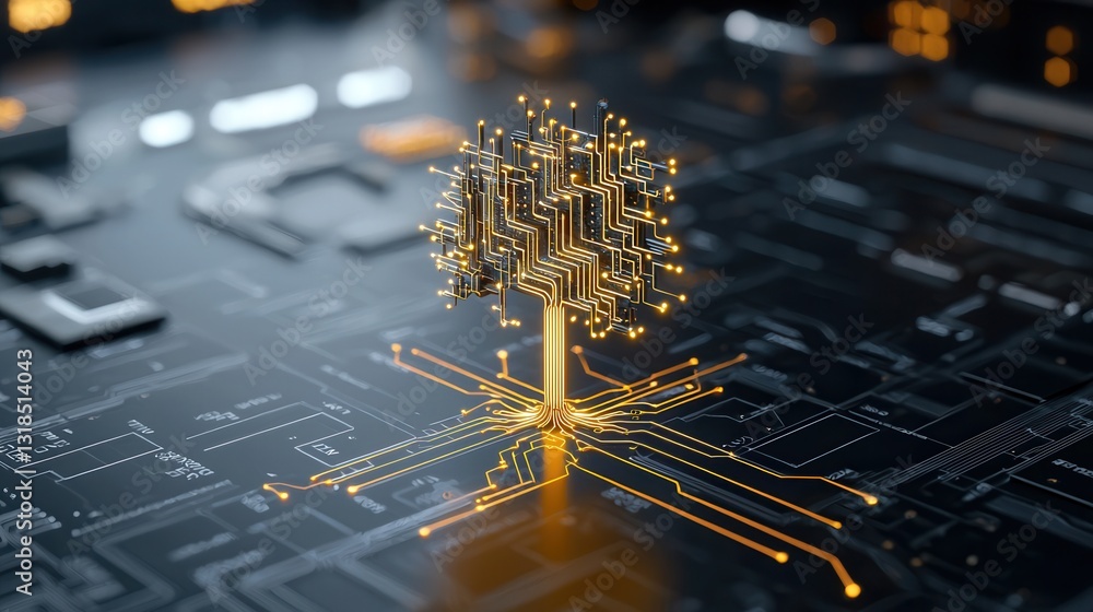 Poster cybernetic growth concept with futuristic tree like digital circuit pattern abstract and innovative 