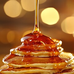 Close-Up of Delicious Pancakes Drizzled with Golden Honey on a Bright Background