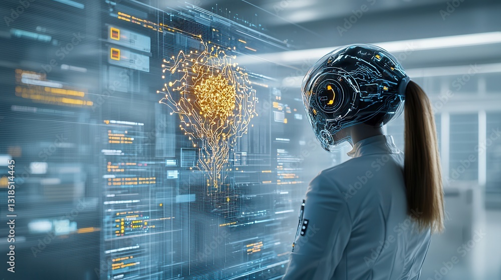 Poster cybernetic intelligence being with a sleek metallic body surrounded by dynamic visualizations of dat