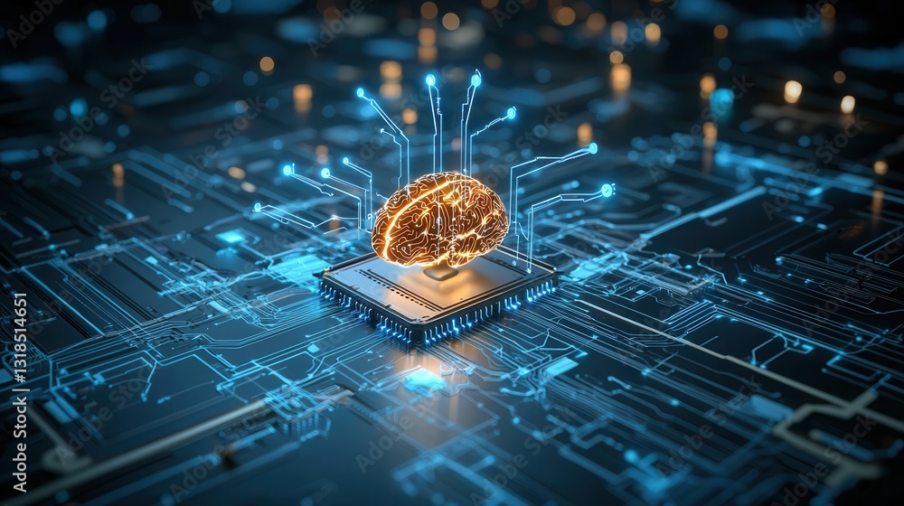 Poster futuristic cybernetic neural network concept featuring a glowing digital fractal pattern with bright