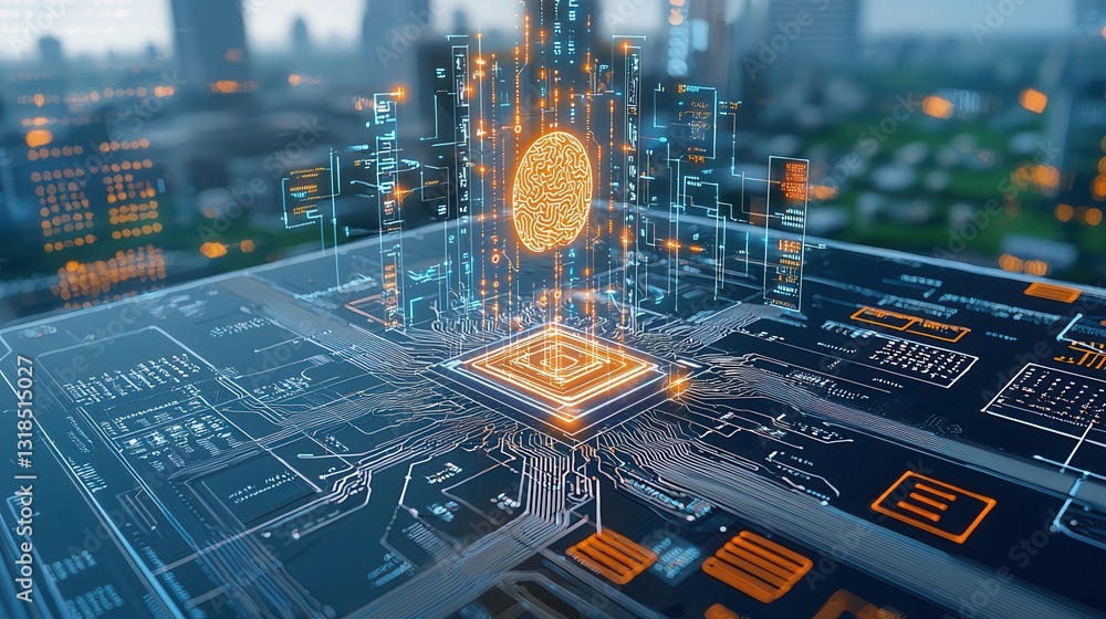 Poster cybernetic tree of ai powered intelligence with intricate digital circuits glowing connections and f