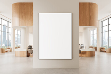 Modern office interior with large blank poster on a beige wall. 3D Rendering