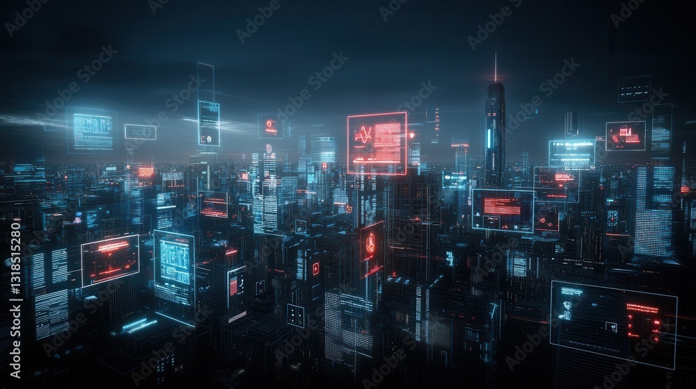 Poster futuristic city skyline illuminated at midnight with an endless array of skyscrapers towers and neon