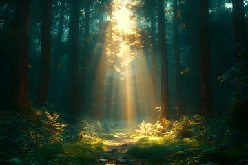 Golden Sunlight Path Through Pixelized Forest