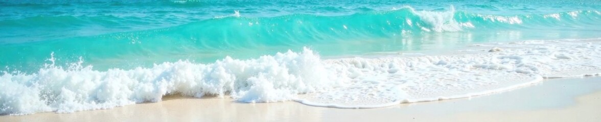 Fototapeta premium Ocean waves crashing on white sandy beach with turquoise foam, foamy waves, sea spray, sea wave