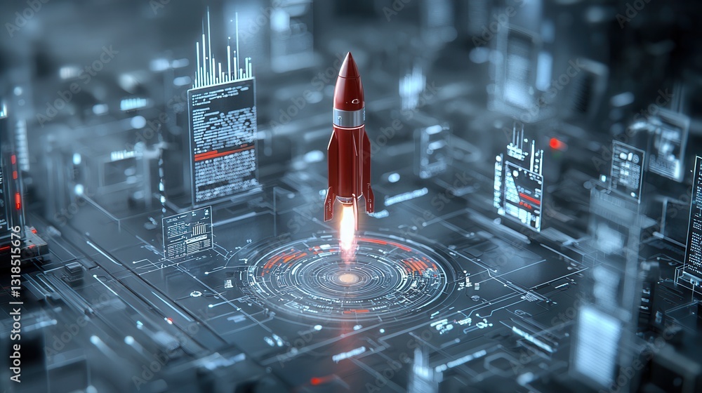 Poster dramatic launch of a sleek technologically advanced rocket against the backdrop of a captivating cyb