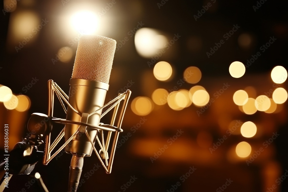 Poster professional microphone with bokeh background in recording studio