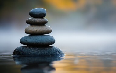 Smooth river stones stacked in perfect balance on a misty shoreline, soft lighting