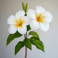Fototapeta premium Pair of delicate white tahitian vanilla flowers adorned with lush green leaves in stunning realistic photography