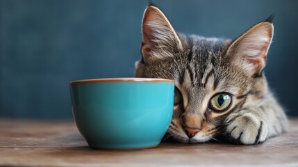 Adorable Tabby Cat Resting with Teal Bowl on Wooden Surface