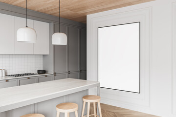 Modern kitchen interior with blank poster mockup on white wall. 3D Rendering