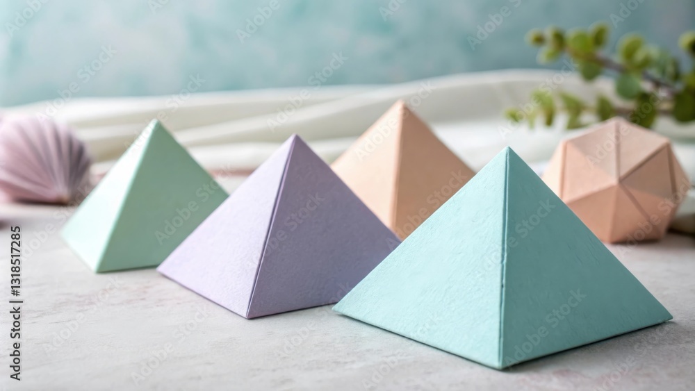 Aufkleber a row of colorful origami pyramids, showcasing a minimalist and geometric design, arranged on a text