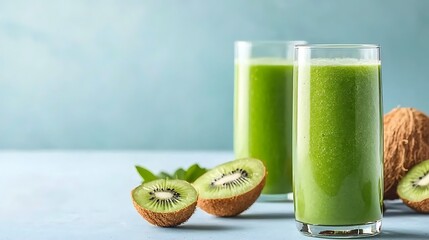 Refreshing Green Smoothie with Kiwi and Coconut on a Light Blue Background for Healthy Lifestyle