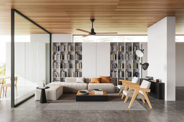 Modern living room with bookshelf and wooden ceiling. 3D Rendering