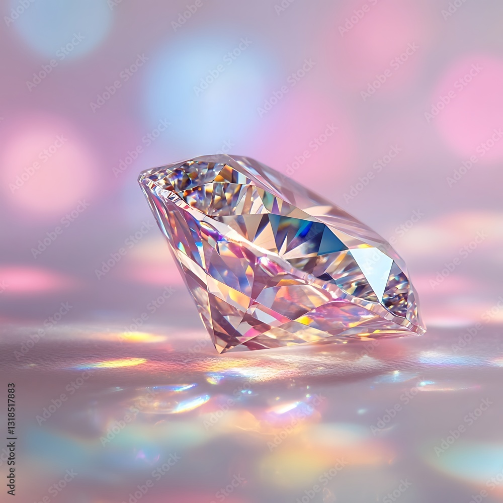 Poster brilliant diamond with colorful reflections resting on a soft pastel background creating a dreamy ef
