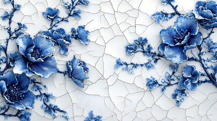 Abstract cracked porcelain texture with delicate blue floral patterns, intricate cracks forming organic lines, soft gradients of white and cobalt blue, smooth and elegant composition,