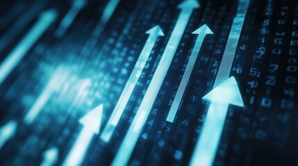 Close-up Ascending Arrows on Digital Matrix Screen Background, Progress, Finance, Technology, Growth Concept.