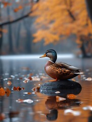 Fototapeta premium Mallard duck perching on rock in autumn pond