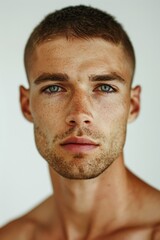 Obraz premium Portrait of a handsome man with harmonious features and nice face shape against a white background